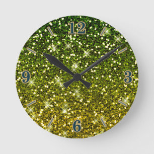 Shimmering Dark Green Gold Glitters Round Clock