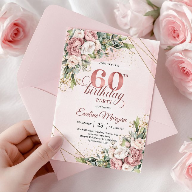 Shimmering Dusty Pink Floral Rose Gold 60 Birthday Invitation (Shimmering Dusty Pink Floral Rose Gold 60th Birthday)