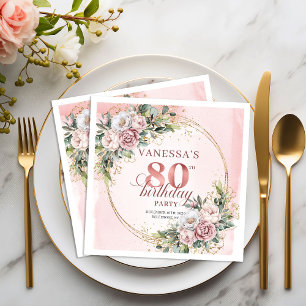 Shimmering Dusty Pink Flowers 80th Birthday Napkin