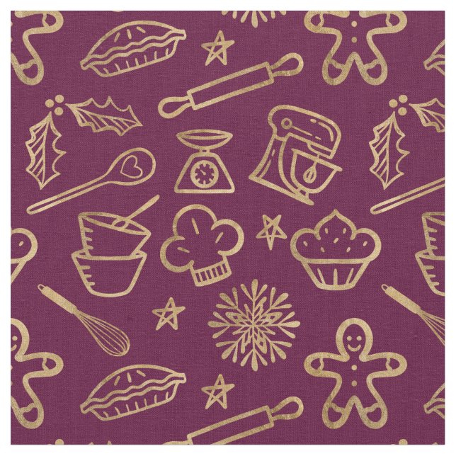 Shimmering Gold Burgundy Christmas Baking Pattern Fabric (Close Up)