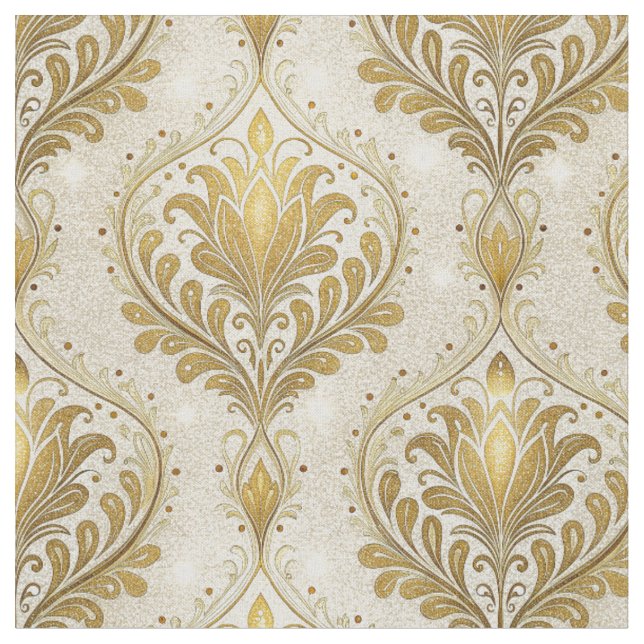 Shimmering Gold Damask Print Floral Design Pattern Fabric (Close Up)