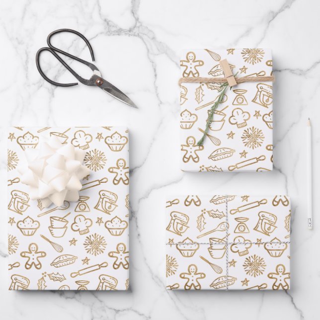Shimmering Gold Festive Christmas Baking Pattern Wrapping Paper Sheet (Front)