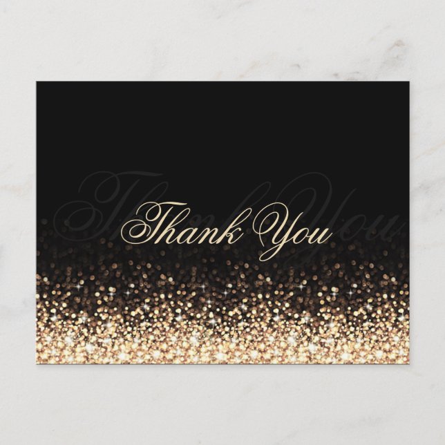Shimmering Gold Glitter Black Thank You Postcard (Front)