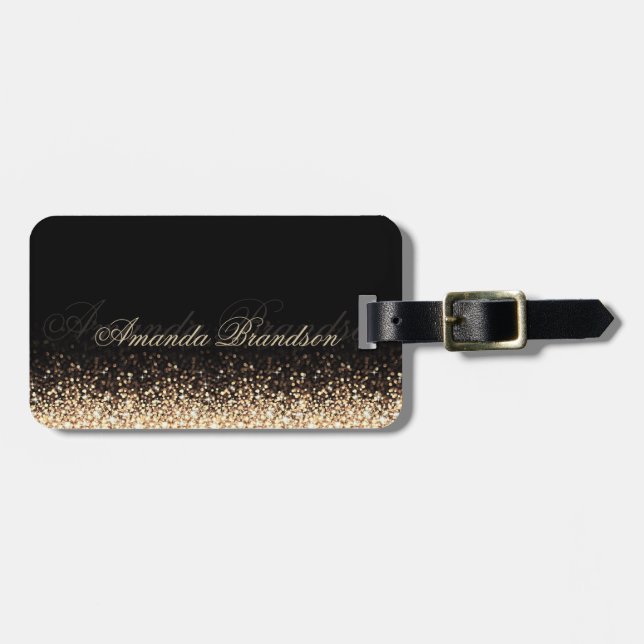 Shimmering Gold Glitter Stylish Black Luggage Tag (Front Horizontal)