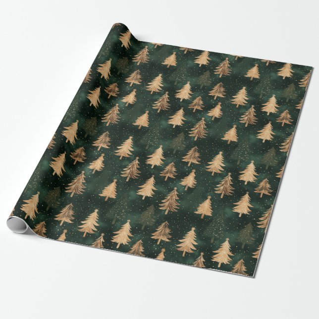 Shimmering Gold & Rich Green Christmas Tree Wrapping Paper (Unrolled)