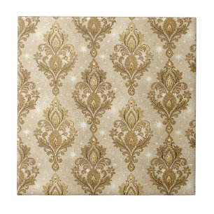 Shimmering Gold Royal Palace Damask Pattern Art Ceramic Tile