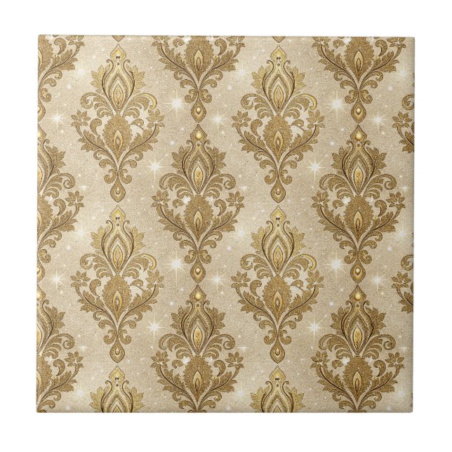 Shimmering Gold Royal Palace Damask Pattern Art Ceramic Tile (Front)