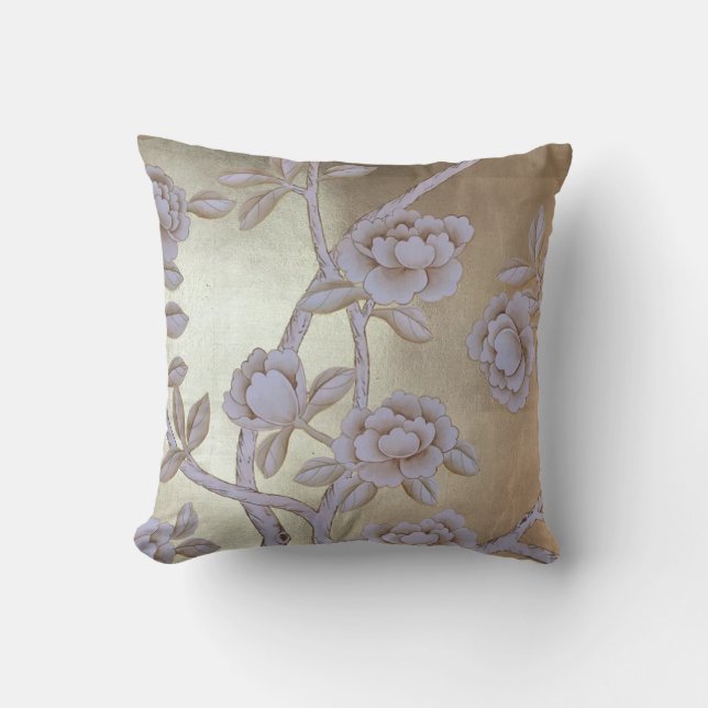 Shimmering Golden Chinoiserie with Blooming Roses Cushion (Front)