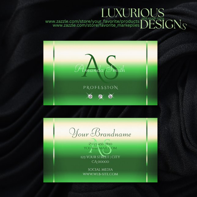 Shimmering Grass Green Sparkle Diamonds Initials Business Card (Creator Uploaded)