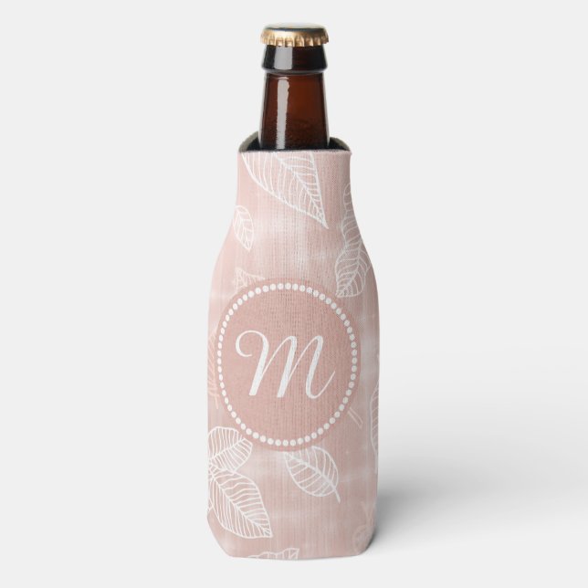 Shimmering Leaves Outline Rose Gold Monogram ID288 Bottle Cooler (Bottle Front)