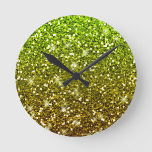 Shimmering Light Green Gold Glitters Round Clock