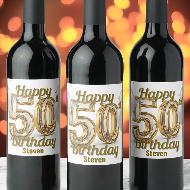 Shimmering Luxurious Golden Elegant 50th Birthday Wine Label (Creator Uploaded)
