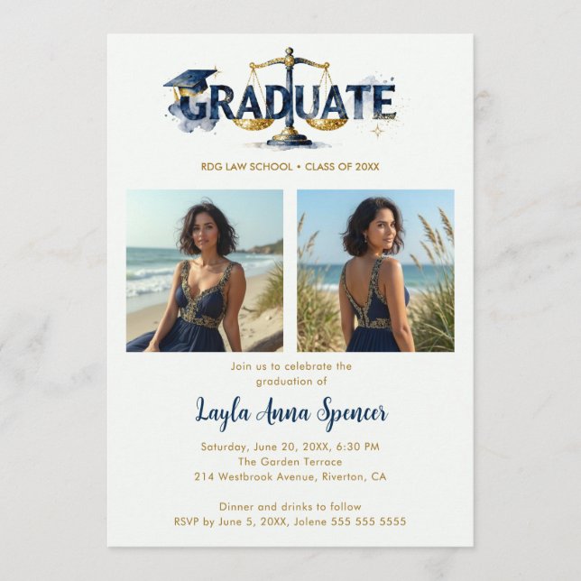 Shimmering Navy & Gold Law Graduation Cap 2-Photo Invitation (Front)
