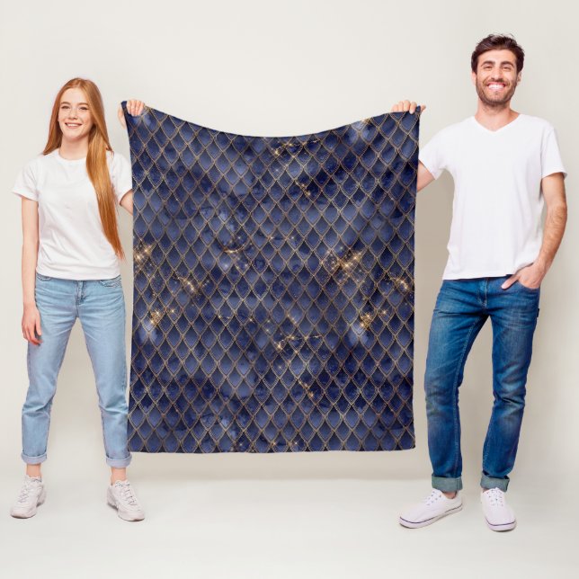Shimmering Navy & Gold Sparkles Dragon Scales Fleece Blanket (In Situ)