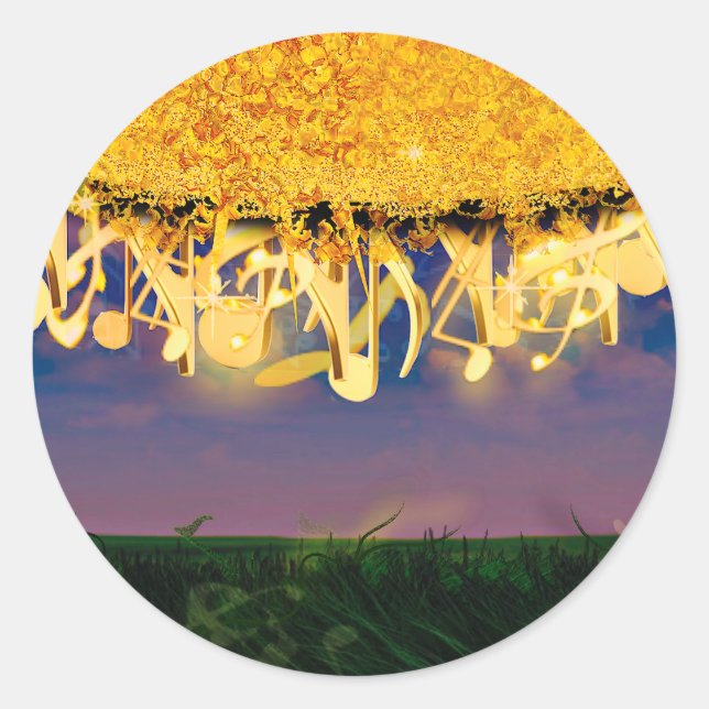 Shimmering Notes of Gold Classic Round Sticker (Front)