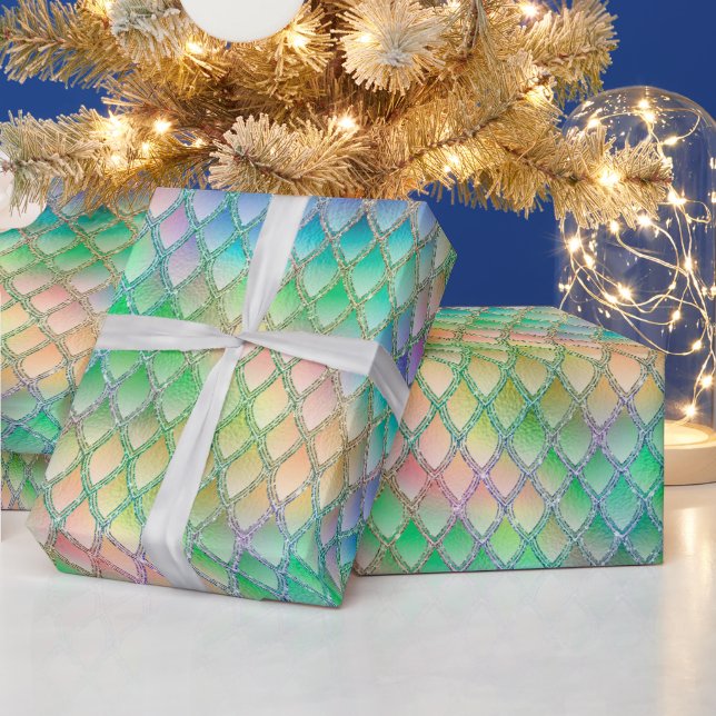 Shimmering Pastel Rainbow & Glitter Dragon Scales Wrapping Paper (Holidays)