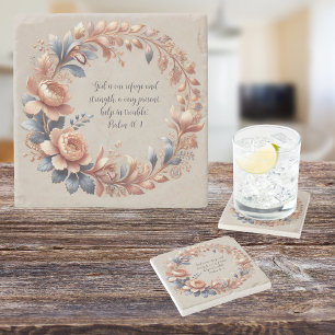 Shimmering Peach and Blue Customisable Bible Verse Stone Coaster