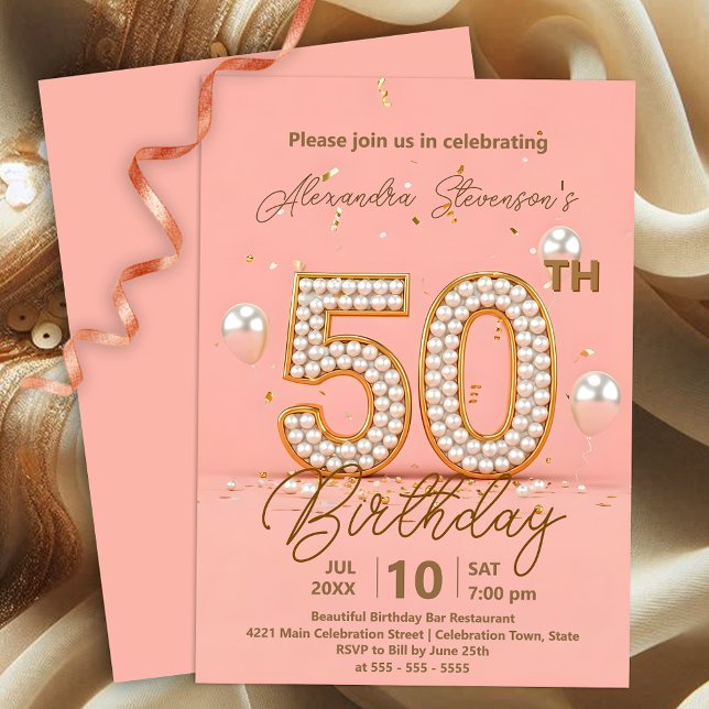 Shimmering Pearls and Gold Accents 50th Birthday Invitation (Creator Uploaded)