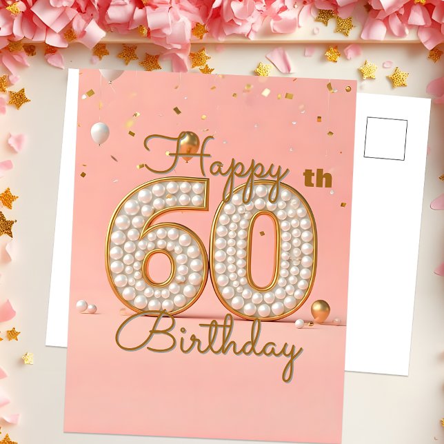 Shimmering Pearls and Gold Accents 60th Birthday Postcard (Creator Uploaded)