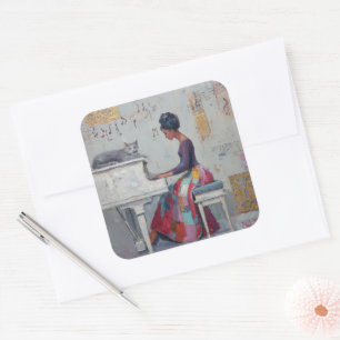 Shimmering Piano Lady Purple Grey Cat Square Sticker