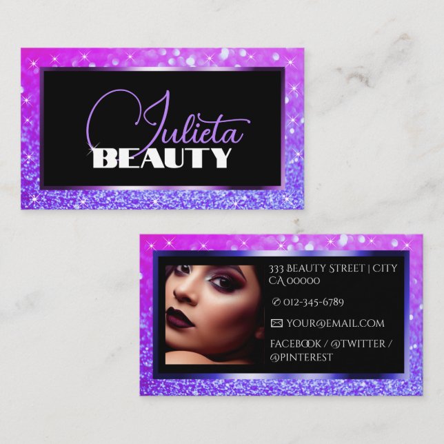 Shimmering Pink Purple Sparkle Glitter with Photo Business Card (Front/Back)