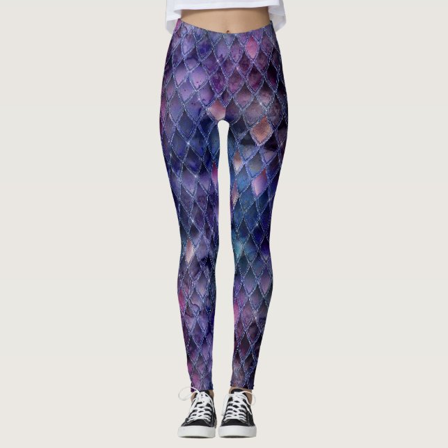 Shimmering Purple Ombre & Glitter Dragon Scales Leggings (Front)