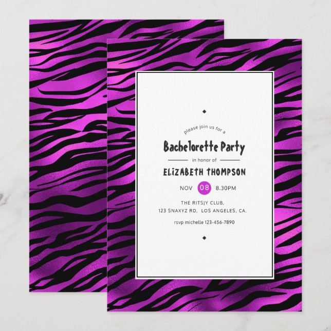 Shimmering Purple Tiger Stripes Bachelorette Party Invitation (Front/Back)