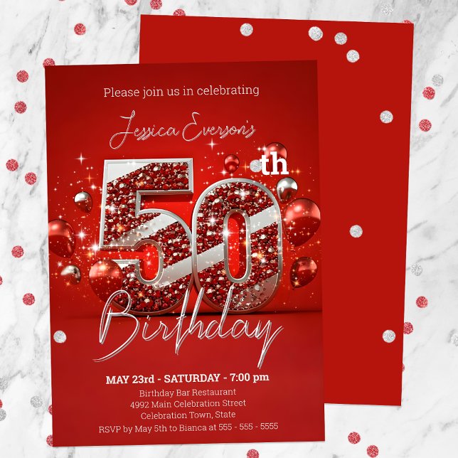 Shimmering Red and Silver 50th Birthday Party Invitation (Creator Uploaded)