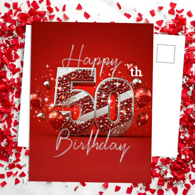 Shimmering Red and Silver 50th Birthday Postcard (Creator Uploaded)