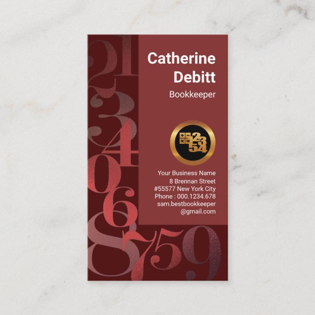Shimmering Red Finance Numbers Bookkeeping Business Card (Front)