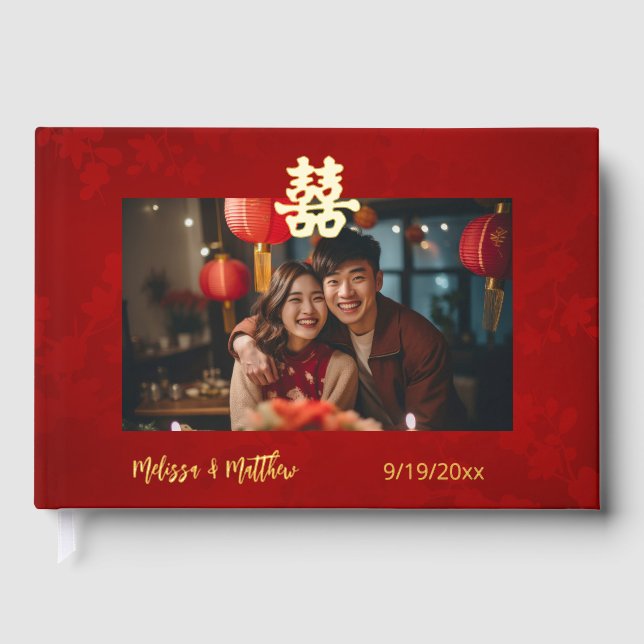 Shimmering Red Photo Chinese Wedding Guest Book (Front)