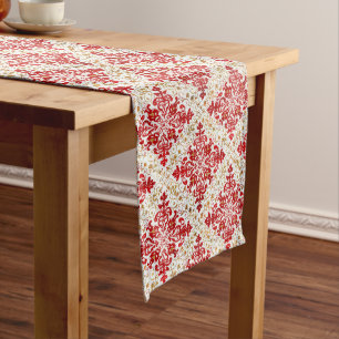 Shimmering Red Snowflake with Gold Accents Long Table Runner