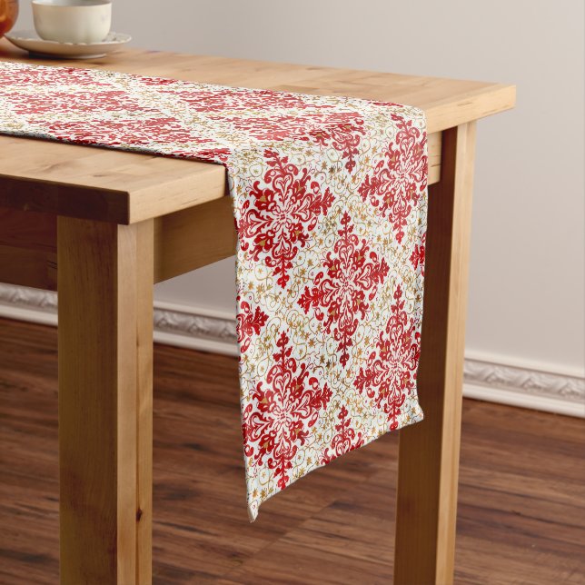Shimmering Red Snowflake with Gold Accents Long Table Runner (In Situ)