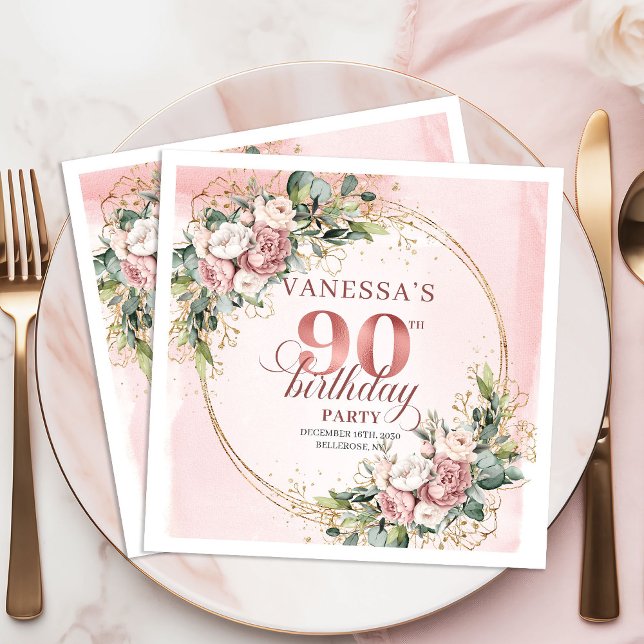 Shimmering Rose Gold Greenery 90th Birthday Napkin (Shimmering Rose Gold Greenery 90th Birthday Napkins)