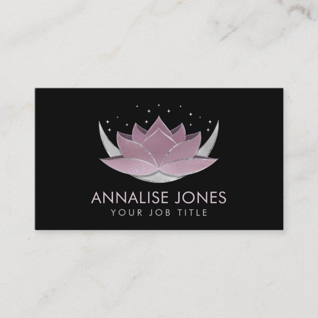 Shimmering Rose Silver Lotus and Moon Business Card (Front)