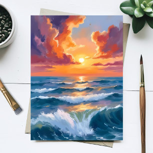 Shimmering Sea Sunset Ocean Watercolor Painting Postcard