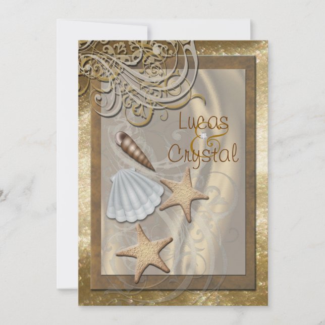 Shimmering Seashell Gold Beach Wedding Invitation (Front)