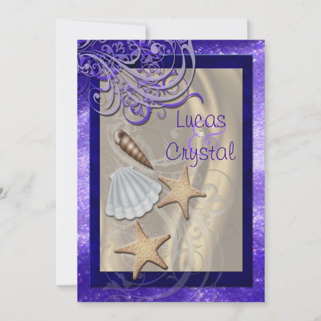 Shimmering Seashell Purple Beach Wedding Invitation (Front)