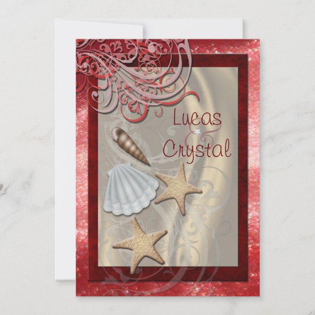 Shimmering Seashell Red Beach Wedding Invitation (Front)