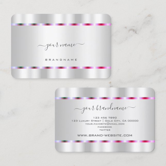 Shimmering Silver and Striking Pink Purple Stripes Business Card (Front/Back)