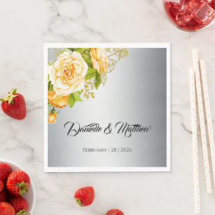 Shimmering Silver and Yellow Roses Wedding Napkin