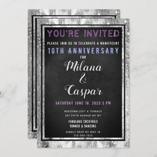 Shimmering Silver Black Chalkboard Anniversary Invitation (Front/Back)