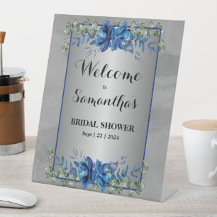 Shimmering Silver: Blue Floral Bridal Shower Pedestal Sign