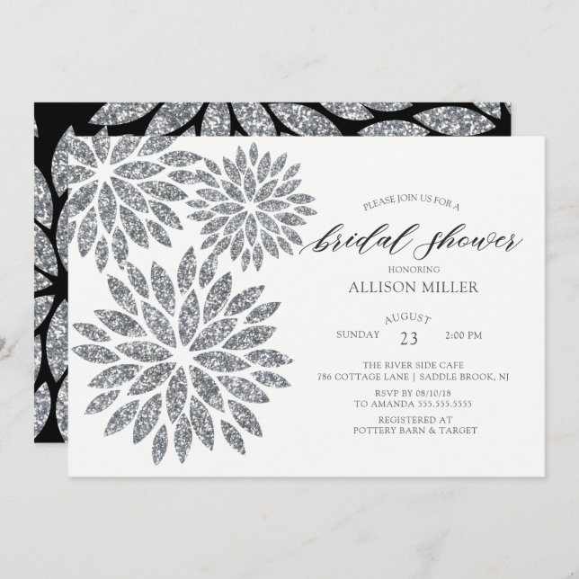 Shimmering Silver Dahlias Bridal Shower Invitation (Front/Back)