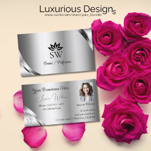 Shimmering Silver Details with Monogram and Photo Business Card