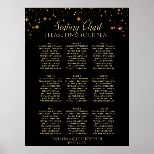 Shimmering Sparkles 9 Table Wedding Seating Chart (Front)