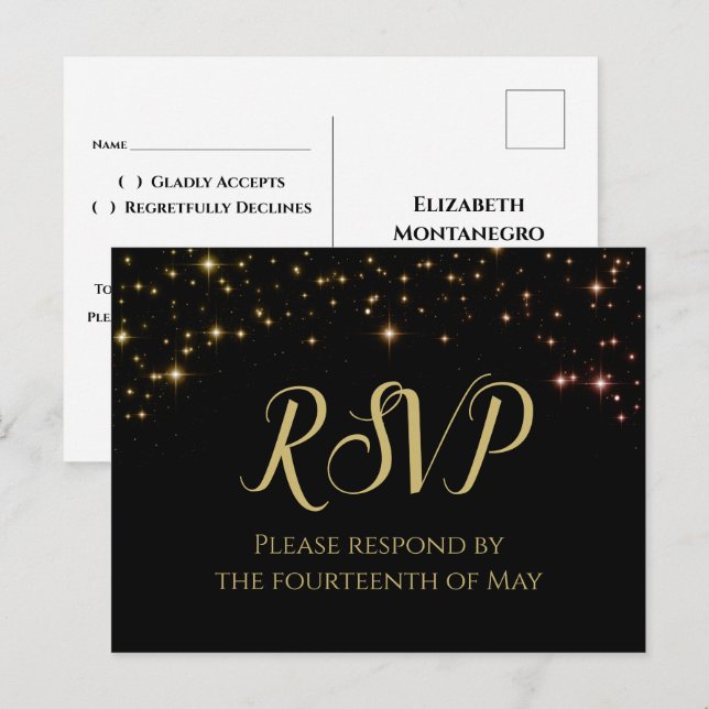 Shimmering Sparkles Gold & Black Wedding RSVP Postcard (Front/Back)