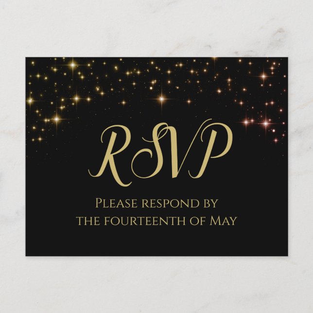 Shimmering Sparkles Gold & Black Wedding RSVP Postcard (Front)