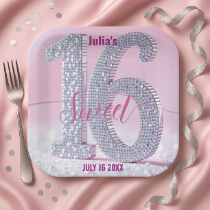 Shimmering Stylish Chic Rhinestone Sweet Sixteen Paper Plate