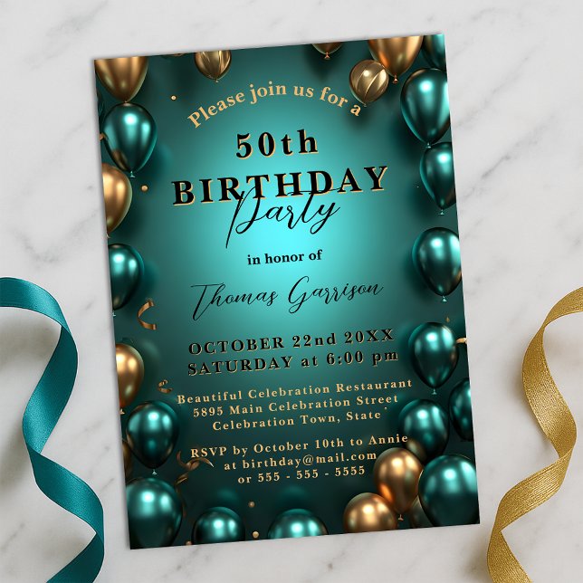 Shimmering Teal and Gold Balloons 50th Birthday Invitation (Creator Uploaded)